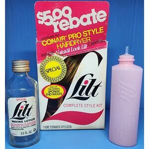DISPLAY EMPTY 1980's Lilt Perm Complete Style Kit Bottle Box & More See Pic Desc